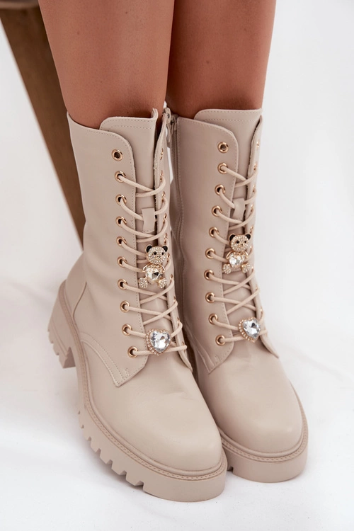 Botki Workery Damskie Z Przypinkami Miś Serce Beżowe Iravine