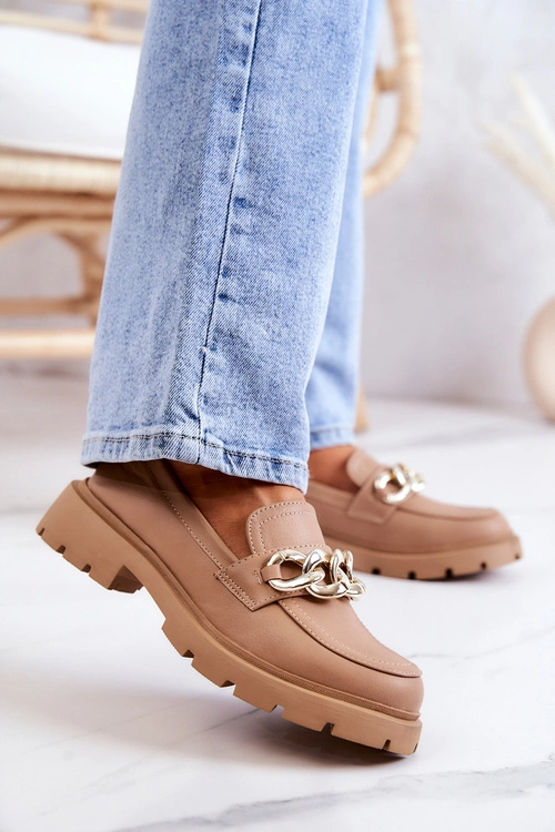 Skórzane Półbuty Loafery Łańcuch Ciemnobeżowe Amicable