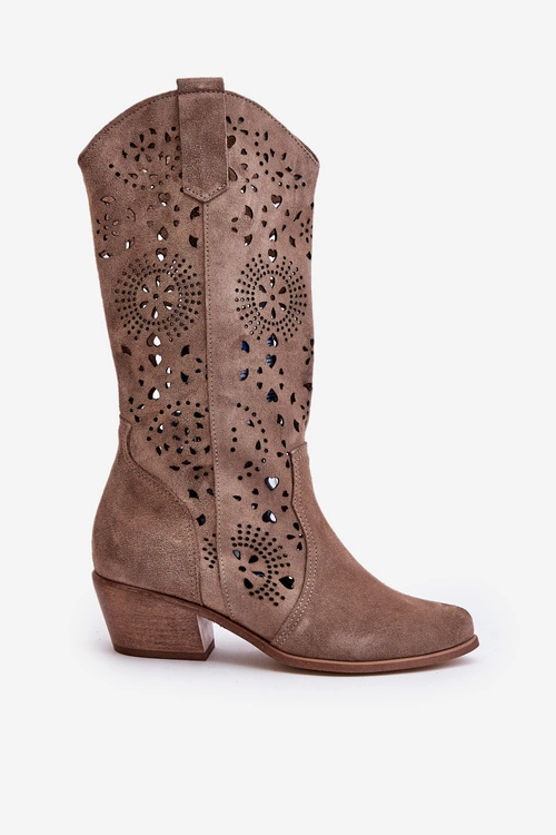 Zazoo 3396 Zamszowe Ażurowe Kozaki Do Połowy Łydki Ciemnobeżowe