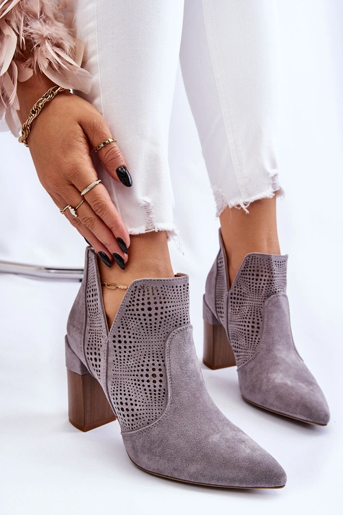 Ażurowe Zamszowe Botki Na Obcasie Szare Leanna