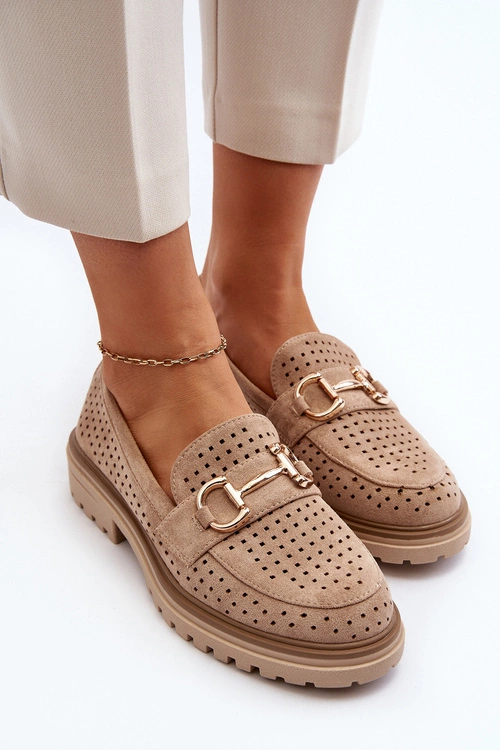 Mokasyny Damskie Ażurowe Z Ozdobą Beżowe Talesse