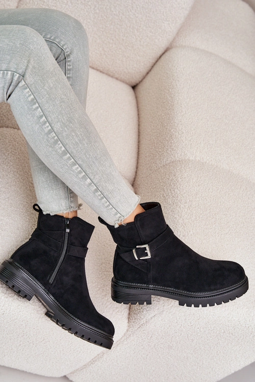 Ocieplane Botki Eko Zamszowe Na Zamek Z Klamrą Czarne Zinovelle