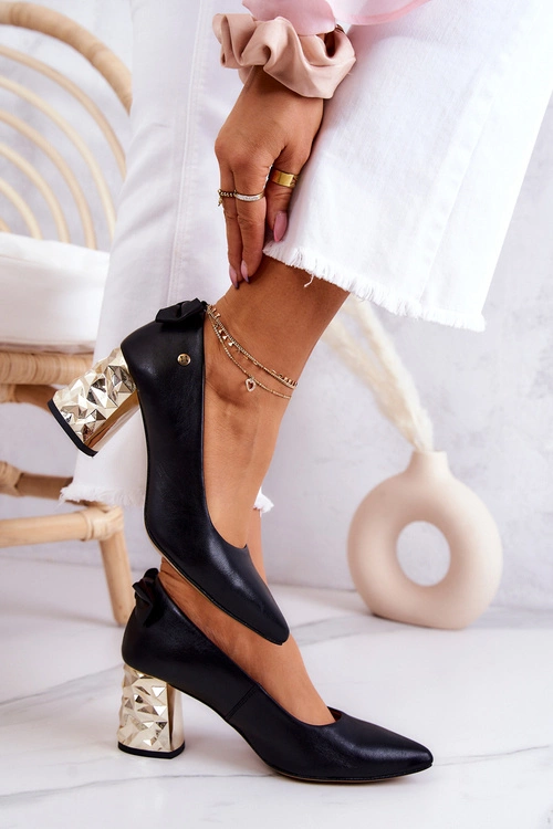 Skórzane Czółenka Na Słupku Maciejka 05334-01 Czarne