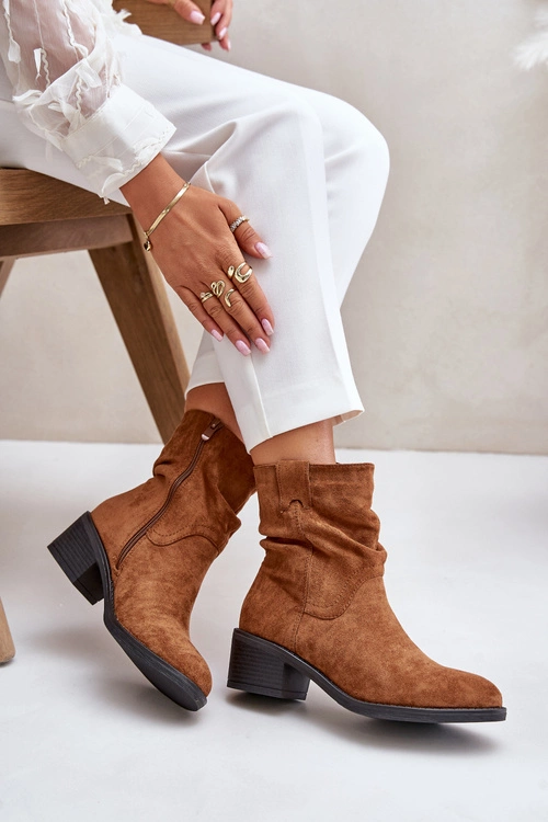 Ocieplane Botki Damskie Z Marszczoną Cholewką Na Niskim Obcasie Camel Zinanya