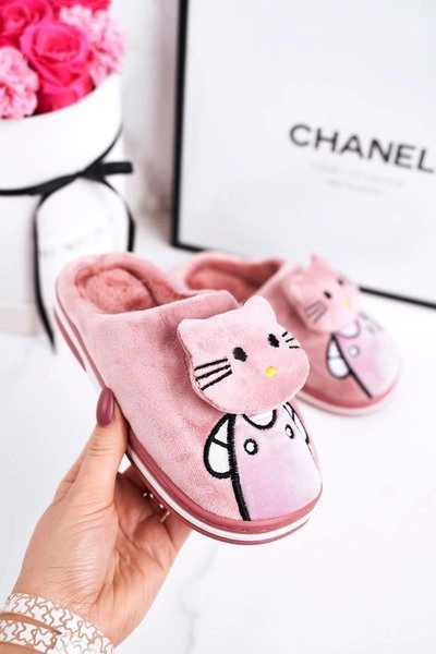 Dziecięce Ocieplane Klapki Papcie Pudrowy Róż Kitty