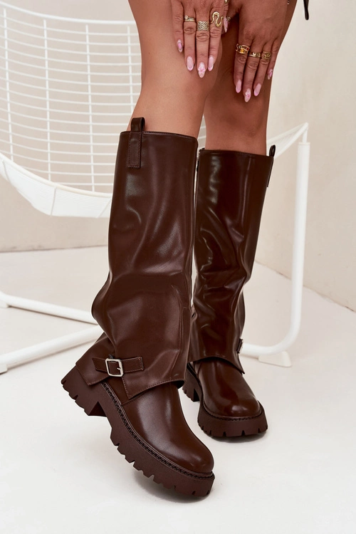 Ocieplane Kozaki Z Wywiniętą Cholewką I Klamrą Czekoladowe Fiorae