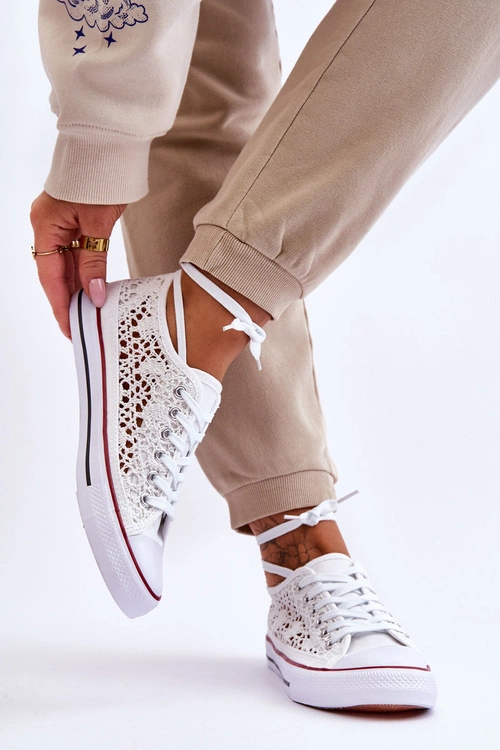 Damskie Koronkowe Materiałowe Trampki Białe Fergo