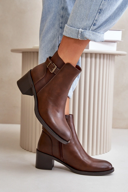 Botki Damskie Ocieplane Na Słupku Z Klamrą Brązowe Nevillira