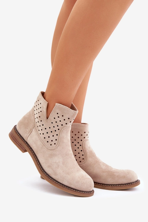 Botki Na Płaskim Obcasie Z Ażurową Cholewką Jasnobeżowe Elivaya