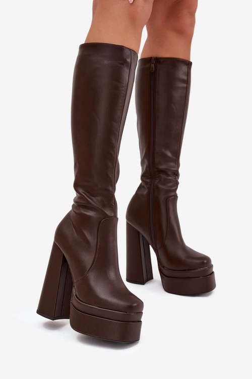 Ocieplane Kozaki Damskie Na Słupku I Platformie Czekoladowe Lysara