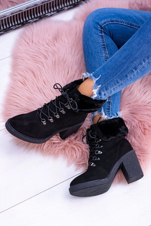 Czarne Damskie Botki Z Futerkiem Na Słupku Influence