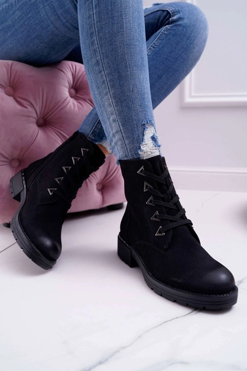 Botki Damskie Płaski Obcas Nubuk Czarne Sergio Leone TR718