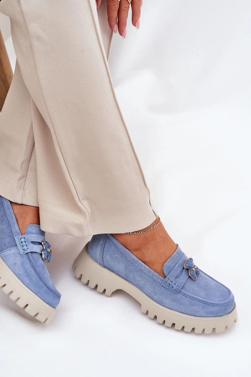 Zamszowe Mokasyny Damskie Z Przypinką Miś Vinceza 79533 Niebieskie