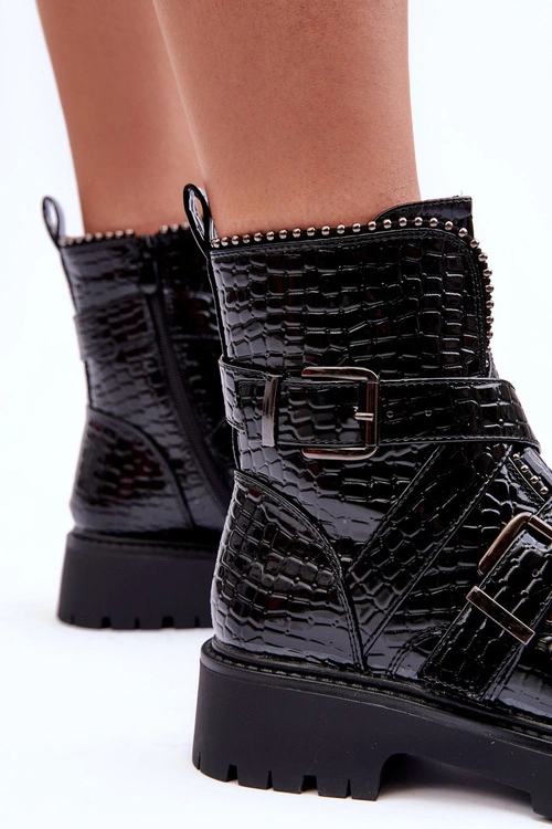 Wężowe Botki Damskie Z Paskami Czarne Leora