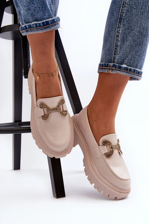 Mokasyny Damskie Z Ozdobą Jasnobeżowe Gargi