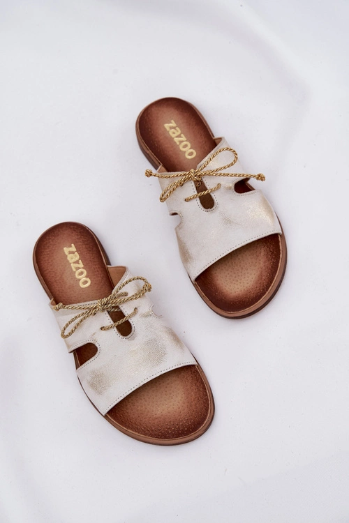 Skórzane Klapki Damskie Na Płaskim Obcasie Zazoo 3022 Złoty Przecierany