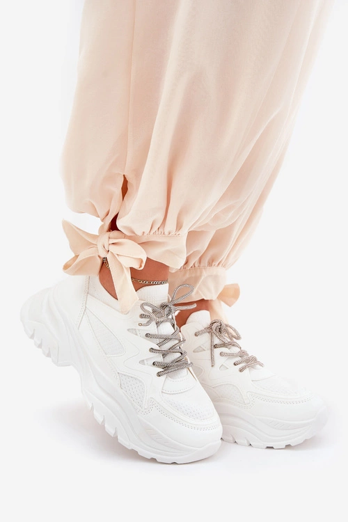 Sneakersy Damskie Na Platformie Ozdobnym Sznurowaniem Białe Evalianne