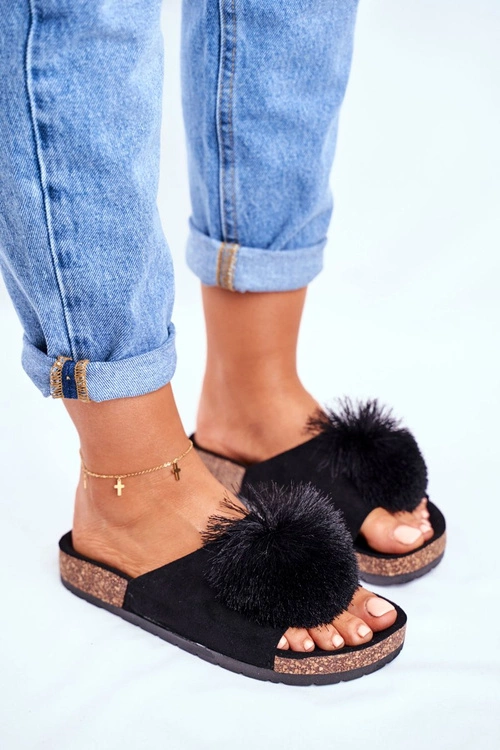 Damskie Czarne Klapki Na Korku z Pomponem Galaxo