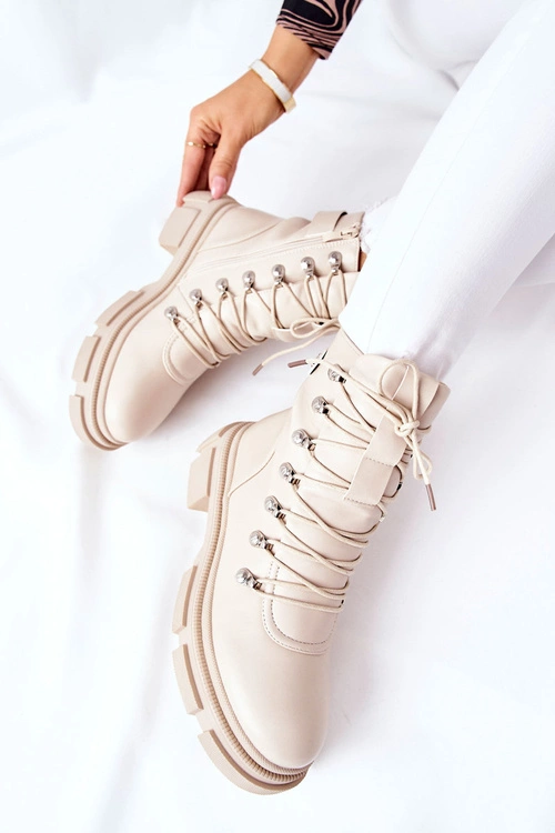 Damskie Ocieplane Botki Trapery Beżowe Perfect