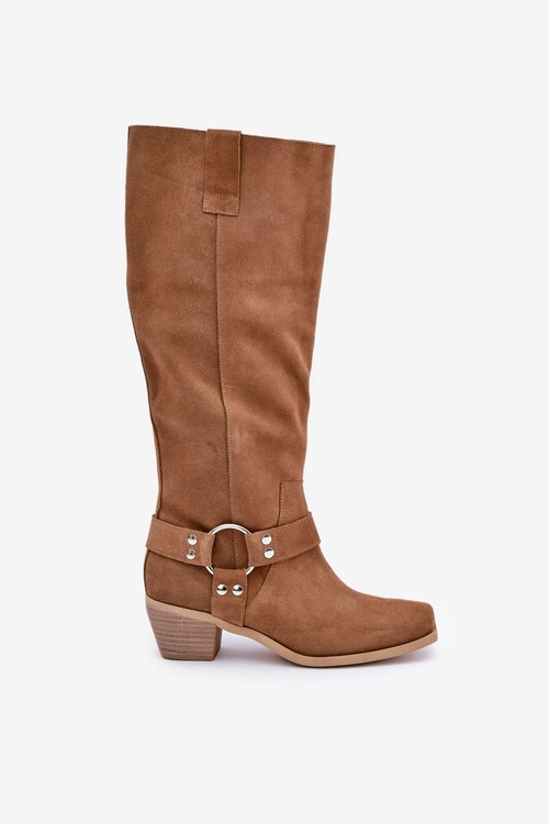 Zamszowe Kozaki Na Niskim Obcasie Z Cholewką Przed Kolano Zazoo 3444/O Camel