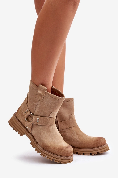 Zamszowe Botki Damskie Na Płaskim Obcasie Lewski 3610 Beżowe