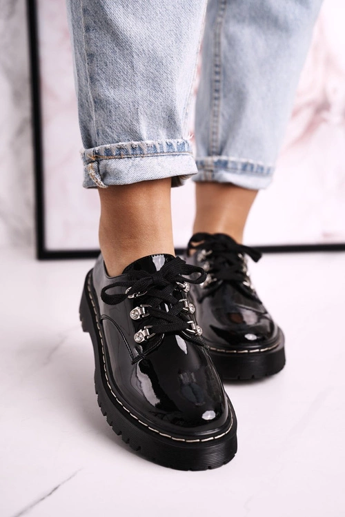 Damskie Półbuty Oxfordy Na Platformie S.Barski HX15 Lakierowane Czarne