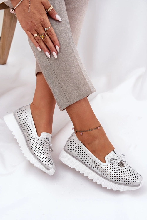 Skórzane Ażurowe Półbuty Damskie Z Naturalnej Skóry D&A LR51-631 Srebrne