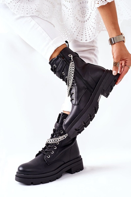 Czarne Workery Botki z Łańcuchem Midtown