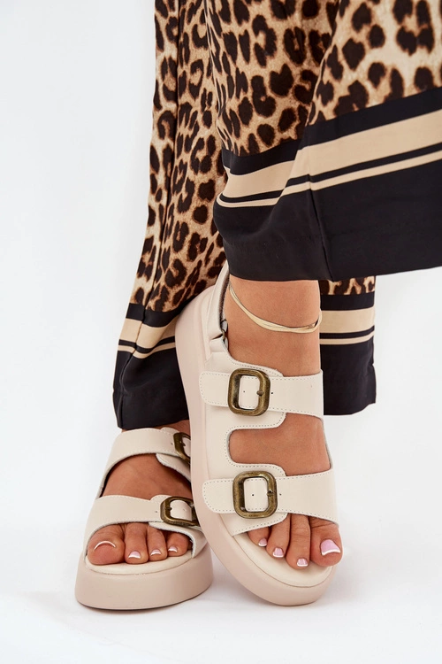 Sandały Damskie Na Platformie I Koturnie Z Klamrami Beżowe Genorre