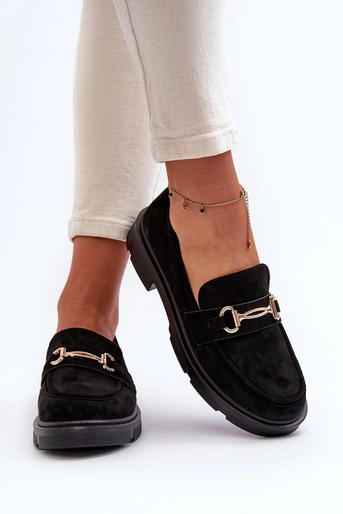 Mokasyny Damskie Ze Złotą Ozdobą Eko Zamszowe Czarne Lighas