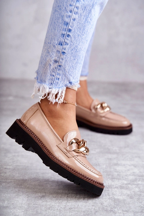 Lakierowane Półbuty Loafery Na Platformie Beżowe Reidun