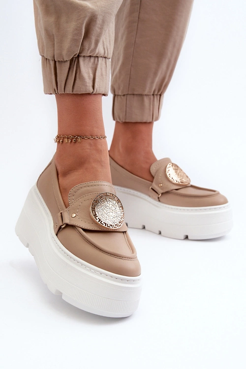 Zazoo 3458 Mokasyny Skórzane Damskie Z Ozdobą Beżowe