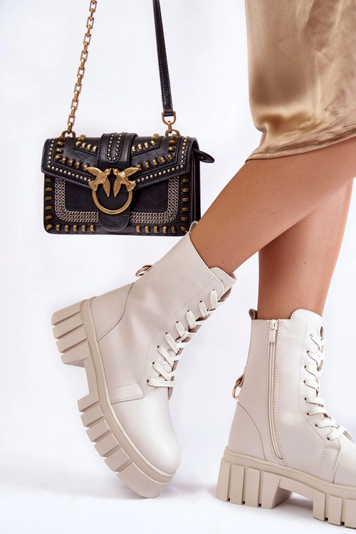 Skórzane Ocieplane Botki Na Platformie Jasnobeżowe Telisa