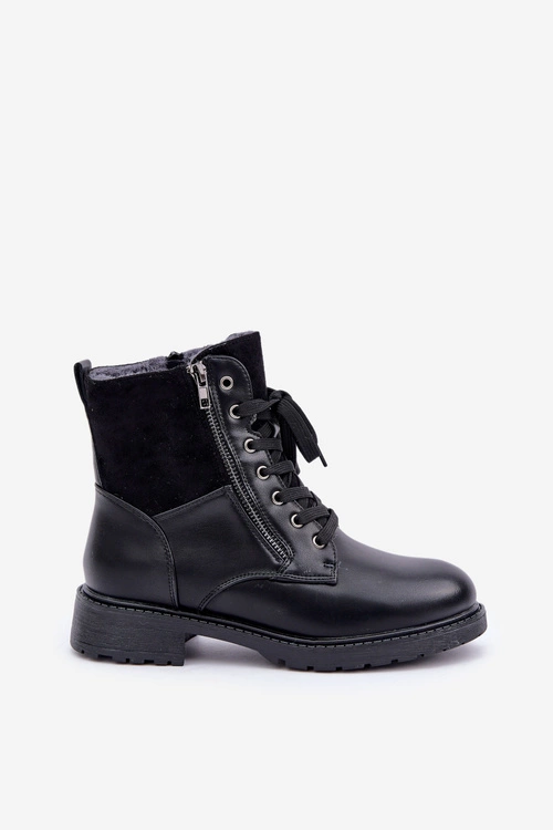 Ocieplane Botki Na Płaskim Obcasie Eko Skórzane Czarne Naoise