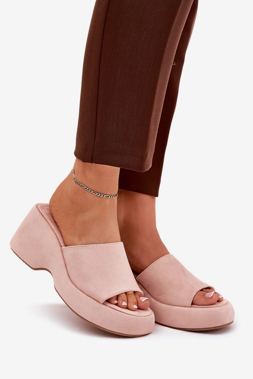 Eko Zamszowe Klapki Damskie Na Platformie I Koturnie Różowe Afisal