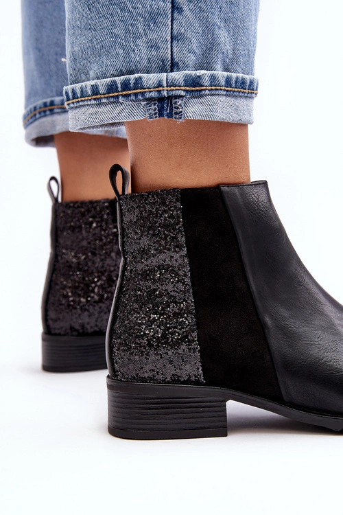 Damskie Sztyblety Botki Na Płaskim Obcasie Z Cekinami Czarne Messio