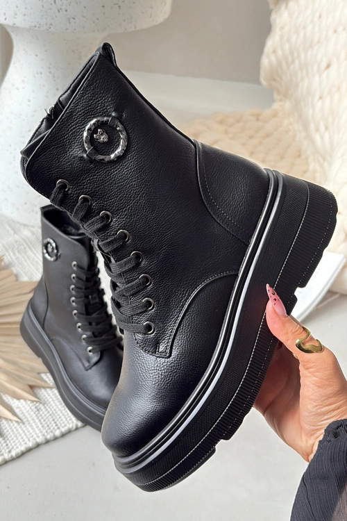 Botki Workery Damskie Ocieplane Na Platformie Z Ozdobnym Detalem Vinceza 16513 Czarne