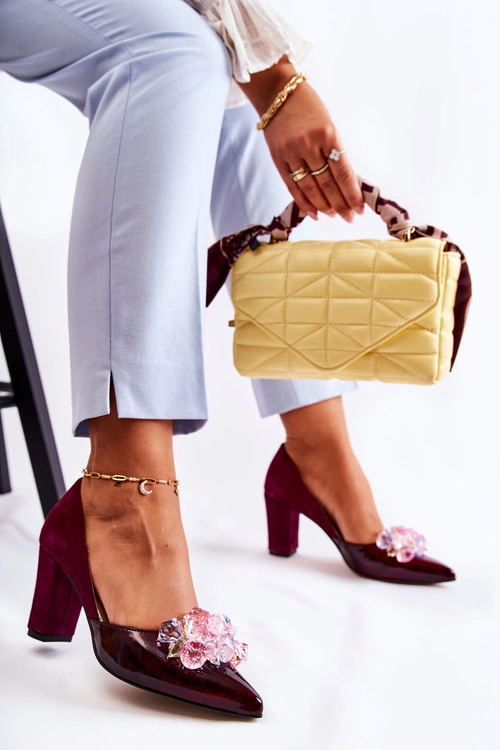 Modne Skórzane Czółenka Z Ozdobami Bordowe Louna