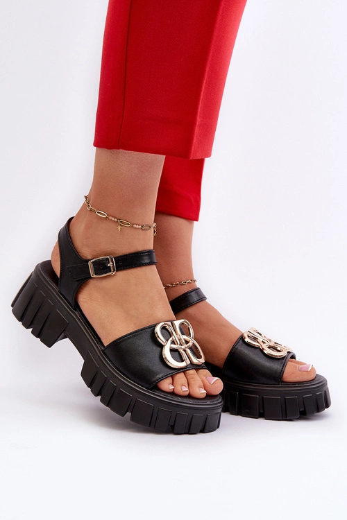 Skórzane Sandały Damskie Ze Złotą Ozdobą Czarne Vinceza 7910