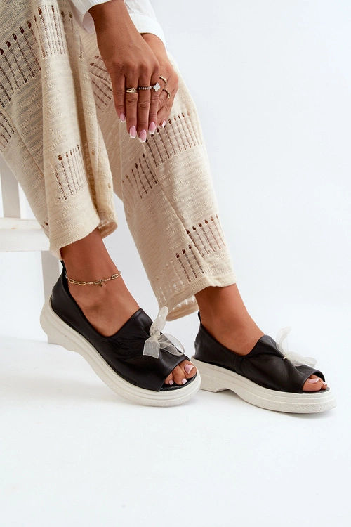 Zazoo 2939 Skórzane Sandały Damskie Z Kokardką Czarne