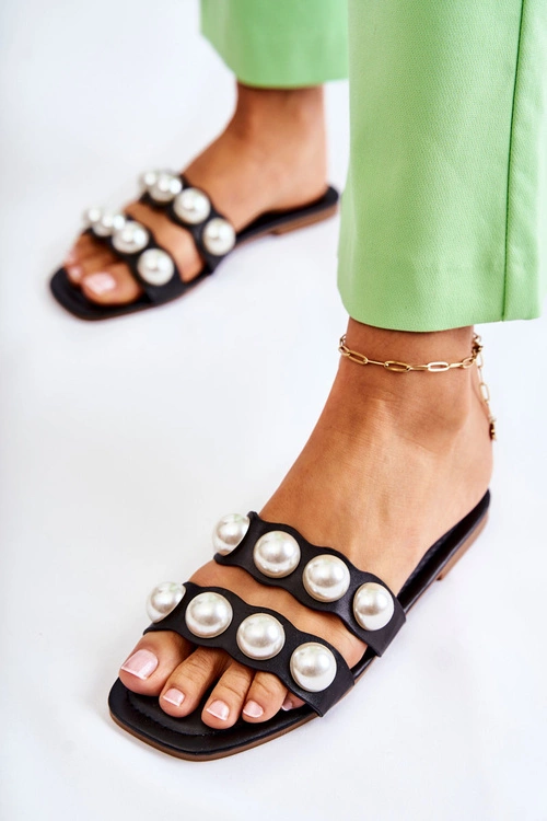 Damskie Skórzane Klapki Z Ozdobnymi Perełkami Czarne Lasello