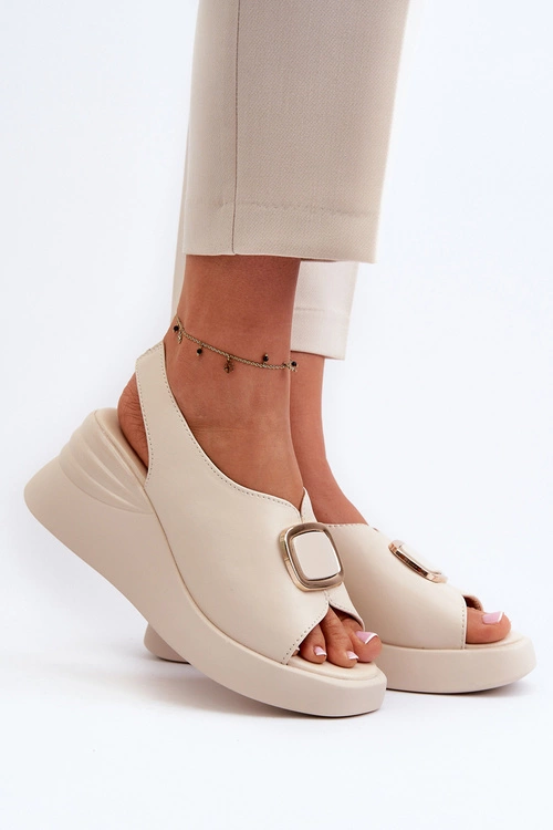 Skórzane Damskie Sandały Na Koturnie Z Ozdobą Beżowe Salvania