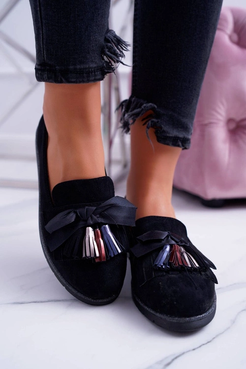 Czarne Zamszowe Mokasyny Z Frędzlami Ermire