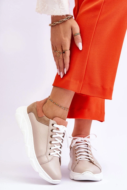 Wygodne Skórzane Buty Sportowe Na Platformie Beżowe Alisane