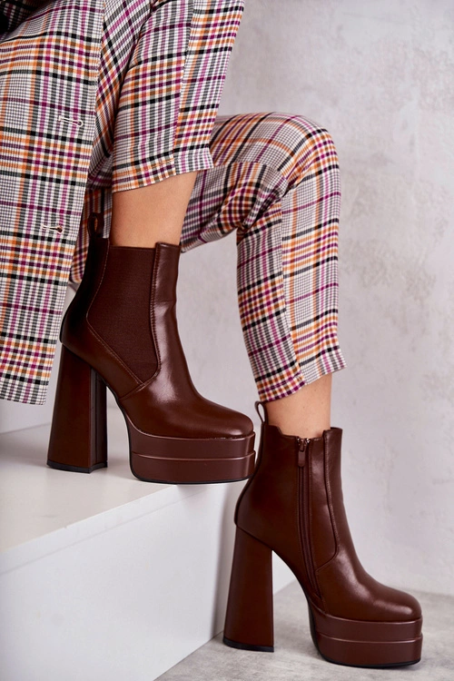 Damskie Skórzane Botki Na Masywnym Obcasie Brązowe Jones