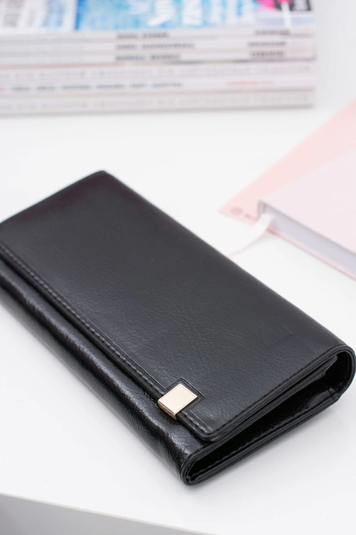 Duży Damski Czarny Modny Portfel Złoty Zamek