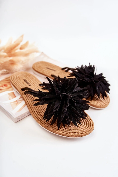 Damskie Klapki Japonki Z Materiałową Ozdobą Czarne Eviana