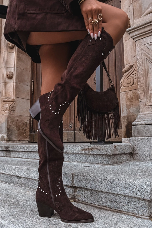 Damskie Kozaki Kowbojki Ze Zdobieniem Na Słupku Czekoladowe Darella