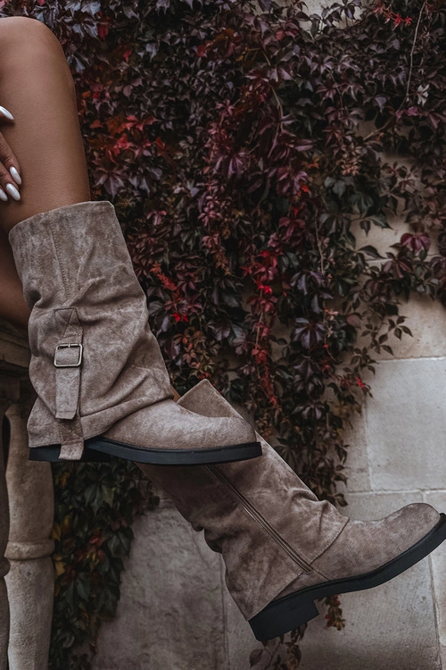 Kozaki Damskie Z Wywiniętą Cholewką Do Połowy Łydki Z Klamrą Khaki Minelle