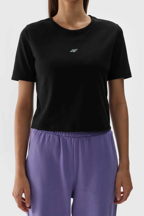 Damski Bawełniany T-shirt Slim Cropped 4F 4FWAW24TTSHF1701-20S Czarna